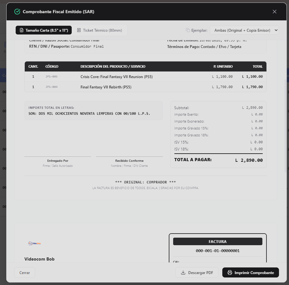 Módulo de configuración fiscal SAR (CAI, rangos autorizados y fechas).